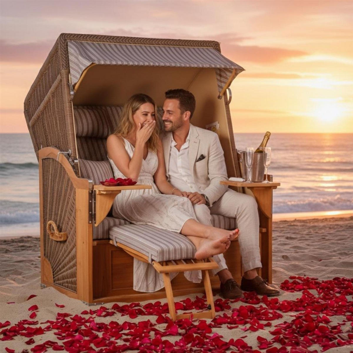 STRANDKORB SEEBLICK 2 Sitzer Teak - Braun/Grau, Metall (125/170/80cm) - Mr. Deko