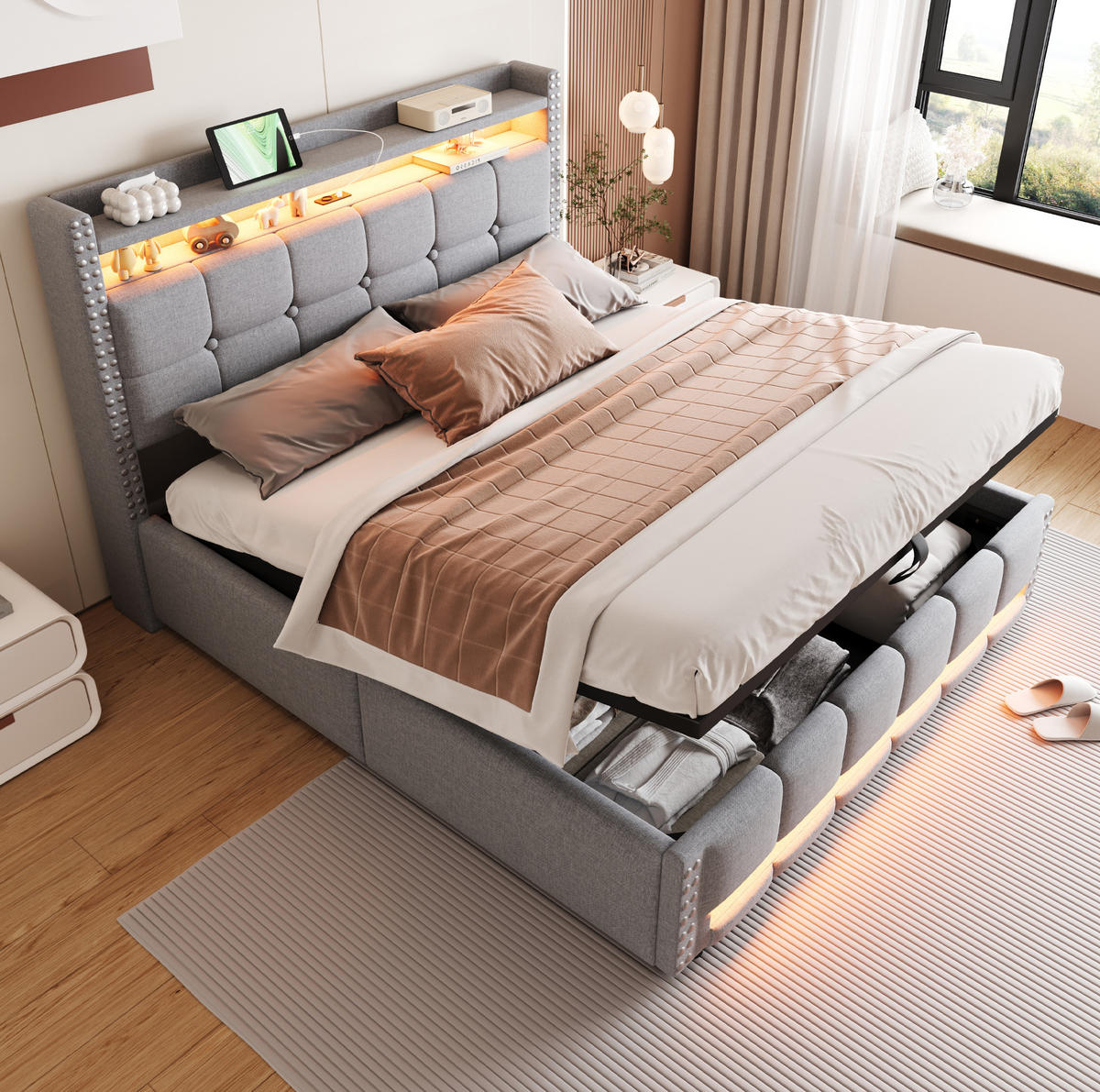 TAPECIRANI krevet 160/200 cm svijetlosivi od lana s LED rasvjetom, USB priključkom i spremištem - svijetlo siva, tekstil (160/200cm) - OKWISH