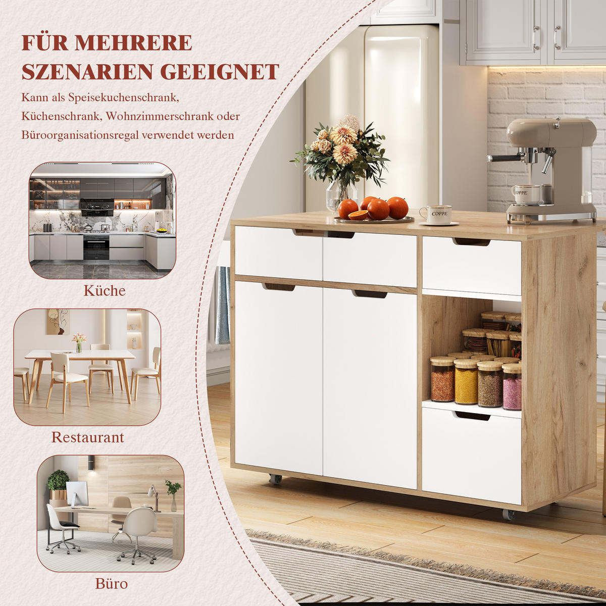 SCHRANK/SIDEBOARD 120x46x85cm Weiß mit 360°Rollen, Schubladen & Fächern - Weiß, Holzwerkstoff (120/85/46cm) - Modfu