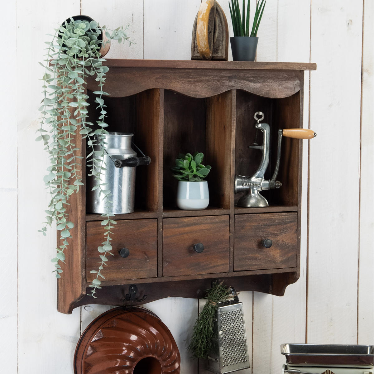 WANDREGAL Belle Mahagoni Holz, mit 3 Schubladen und Haken dunkelbraun - Naturfarben, Holz (62/58/15cm) - DESIGN DELIGHTS