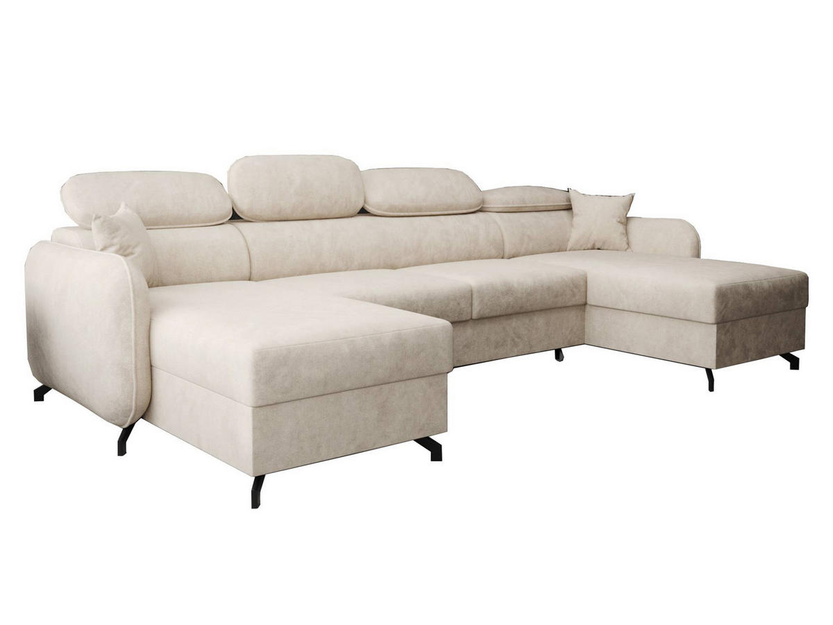 WOHNLANDSCHAFT Ribella 5 Creme 345/180/100 cm mit Schlaffunktion - Beige/Schwarz, Textil/Metall (345/100/180cm) - AX Living
