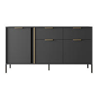 SIDEBOARD Catanian 3T 2S Grau 153,1/81,4/39,5 cm – mit goldenen Griffen und schwarzen Beinen - Schwarz/Grau, Holzwerkstoff/Metall (153/81.4/39.5cm) - AX Living