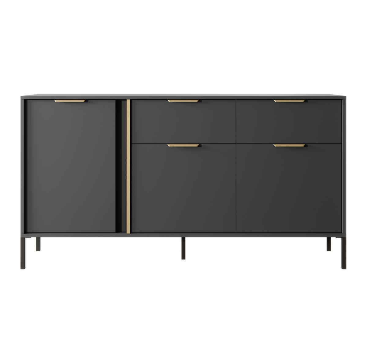 SIDEBOARD Catanian 3T 2S Grau 153,1/81,4/39,5 cm – mit goldenen Griffen und schwarzen Beinen - Schwarz/Grau, Holzwerkstoff/Metall (153/81.4/39.5cm) - AX Living