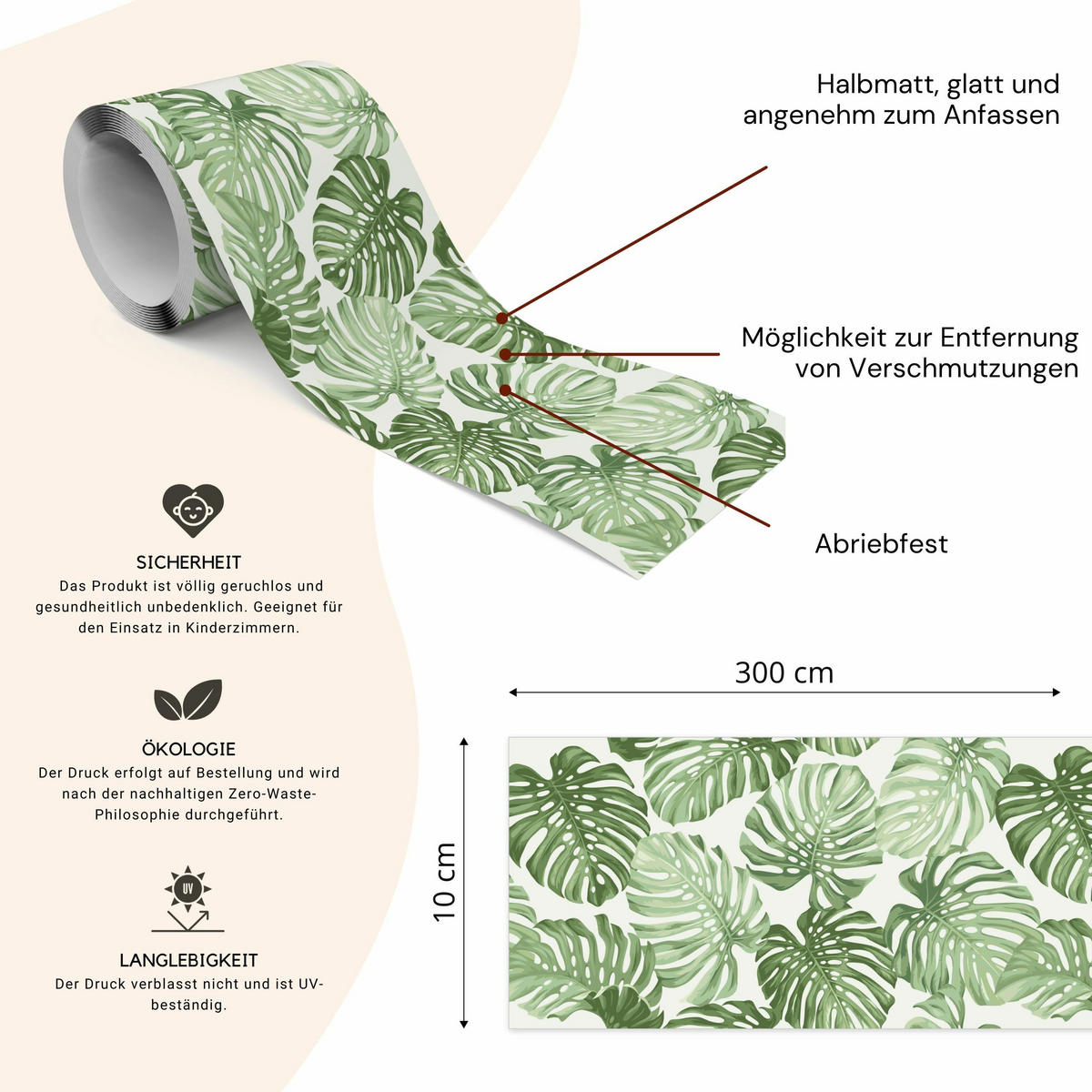 TAPETENBORDÜRE selbstklebend Monstera Blätter Pflanzen - Weiß/Grün, Papier (10/300/300cm) - Muralo