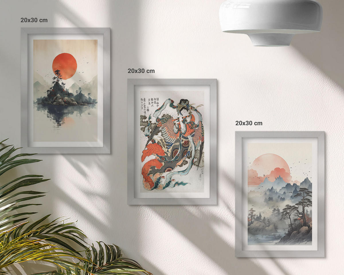 BILDER SET 3er Set - 20x30 cm Silberner Rahmen - Asiatische Japandi-Malereien - Silberfarben, Kunststoff (20/30cm) - TULUP
