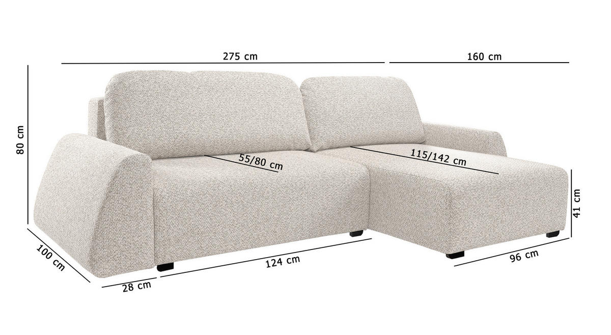 ECKSOFA ALMI mit Schlaffunktion, Bettkasten, Wellenfedern, Komfortable Sitzpolsterung, Elegantes Design, Rechte, 160x275 cm, Weiß - Weiß, Holz/Textil (275/160cm) - DomoHome