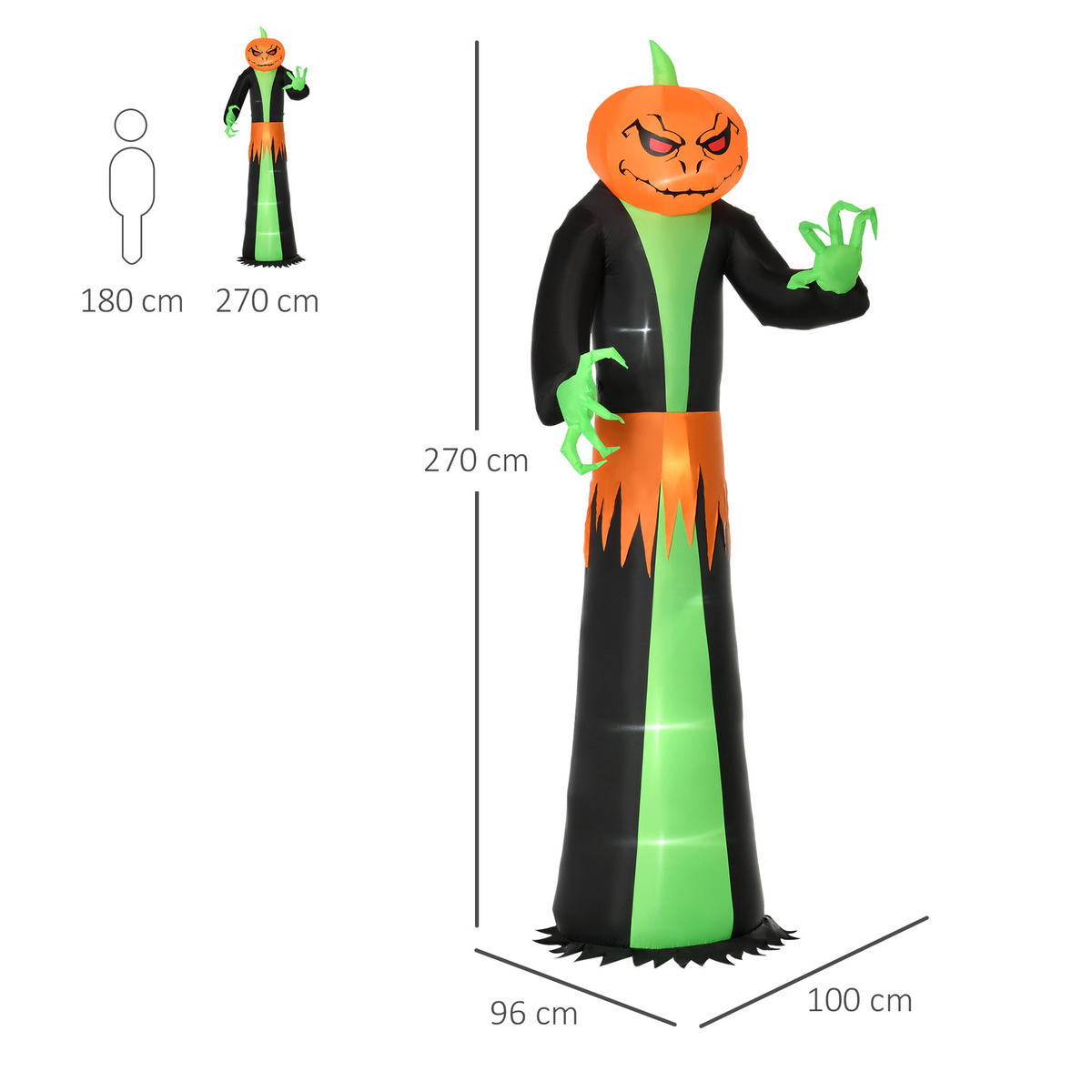 HALLOWEEN AUFBLASBARER KÜRBIS, Schwarz und grün, Polyester - Schwarz, Kunststoff (96/270/100cm) - HOMCOM