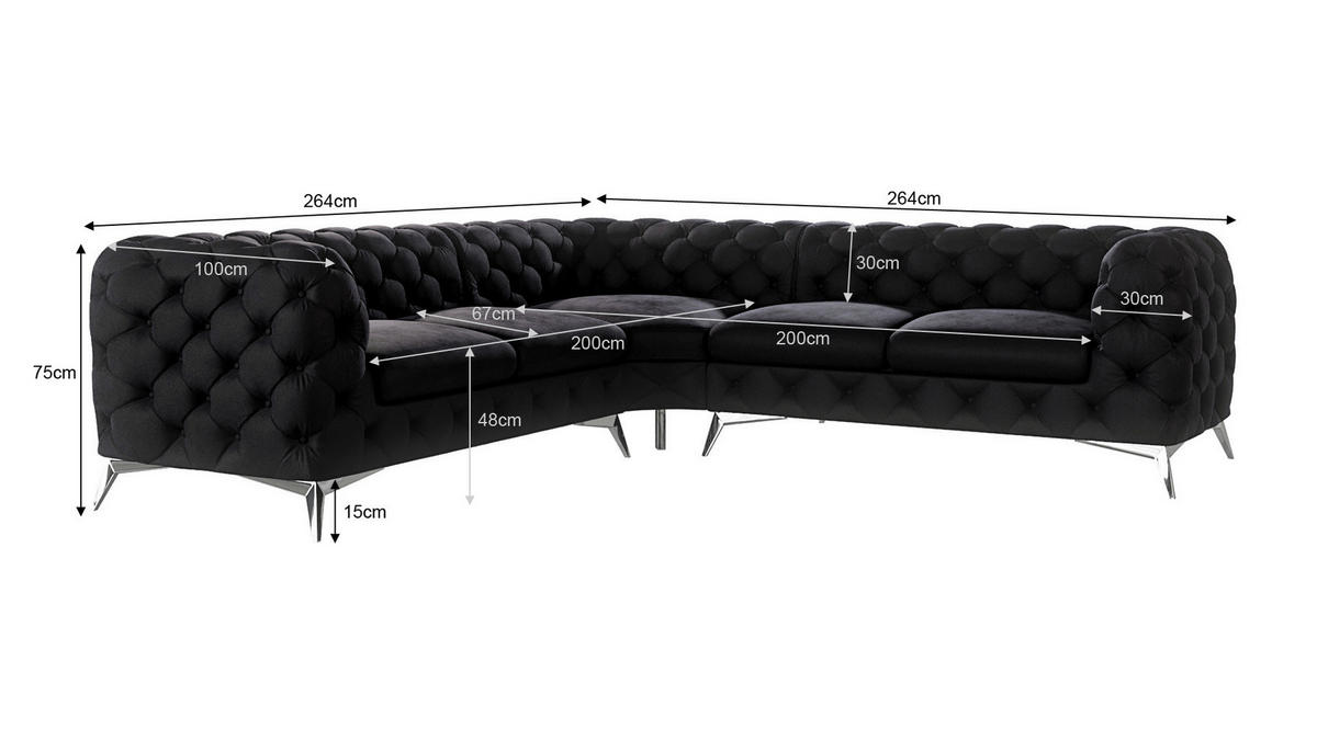 ECKSOFA Chesterfield Laura Schwarz Samt - Silberfarben/Schwarz, Holz/Textil (264/264cm) - S-Style Möbel
