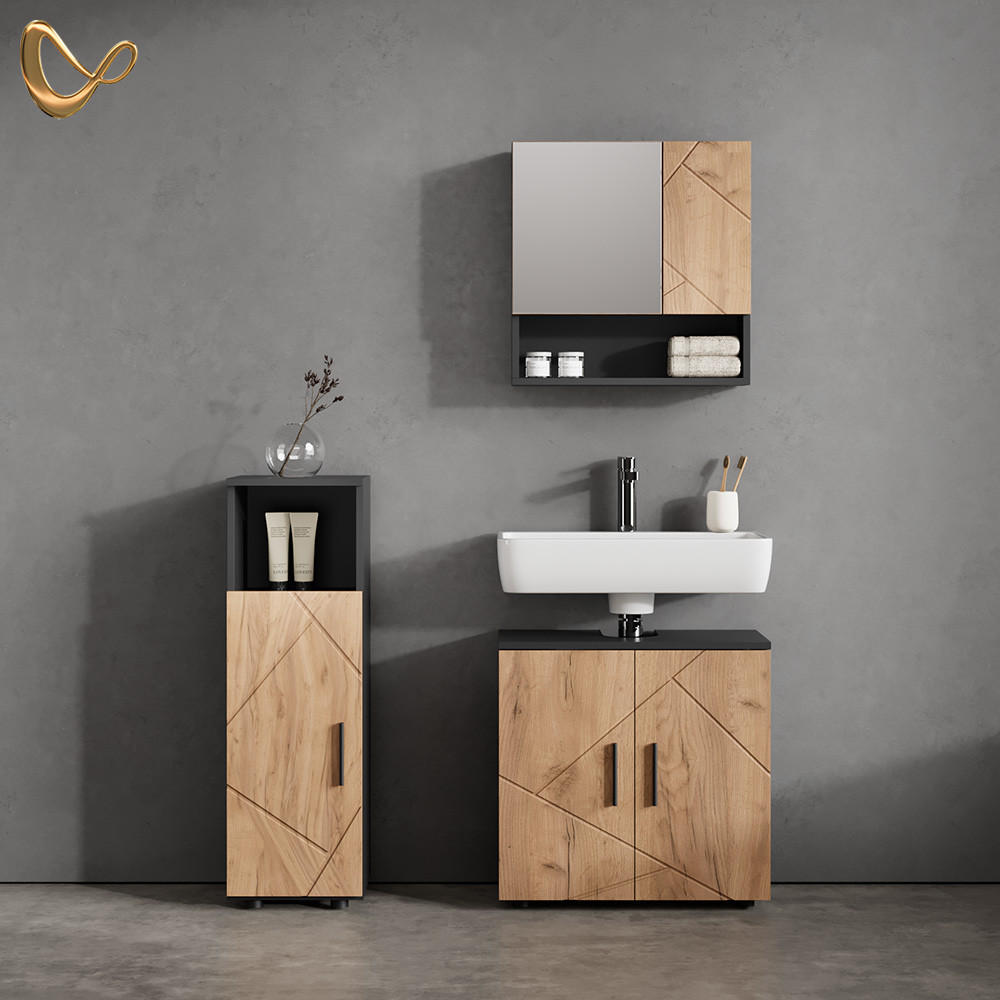 BADMÖBEL-SET Ronco Goldkraft Eiche/Anthrazit 3 Teile - Honigeiche/Anthrazit, Holzwerkstoff (60/95/30cm) - Livinity®