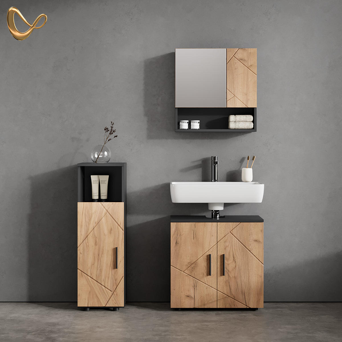 BADMÖBEL-SET Ronco Goldkraft Eiche/Anthrazit 3 Teile - Honigeiche/Anthrazit, Holzwerkstoff (60/95/30cm) - Livinity®