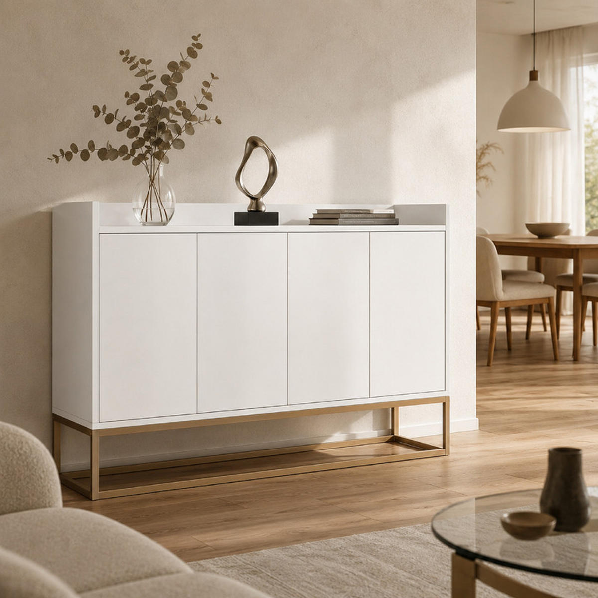 SIDEBOARD weiß 120x30x80 cm mit 4 Türen und goldfarbenem Metallgestell - Weiß, Holzwerkstoff (30/80/120cm) - SHOPENTRA