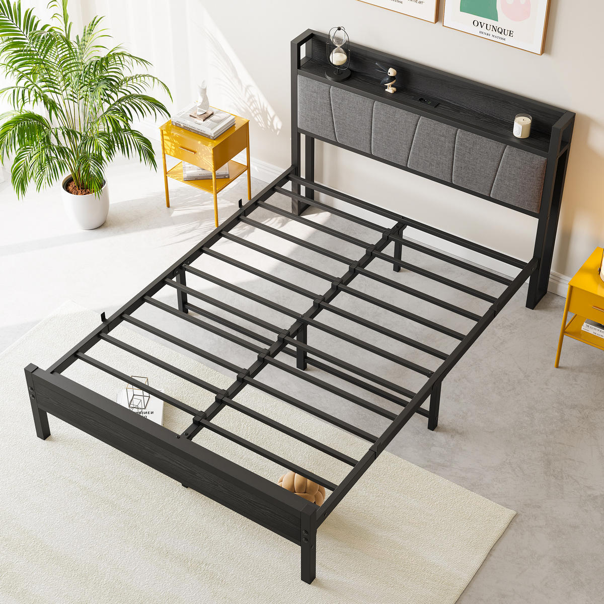 METALLBETT 140/200 mit Gepolstertes Kopfteil und Steckdose Jugendbett ohne Matratze, 27 cm Bodenfreiheit - Schwarz/Grau, Holzwerkstoff/Textil (140/200cm) - STILVORA