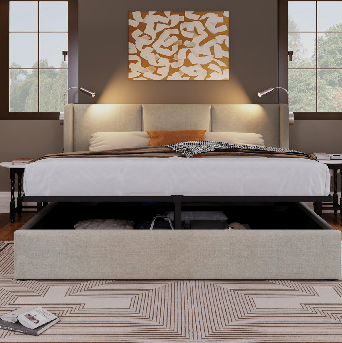 POLSTERBETT mit Bettkasten 160/200 cm mit Leselicht & USB, Beige - Beige, Textil (160/200cm) - BEAOK