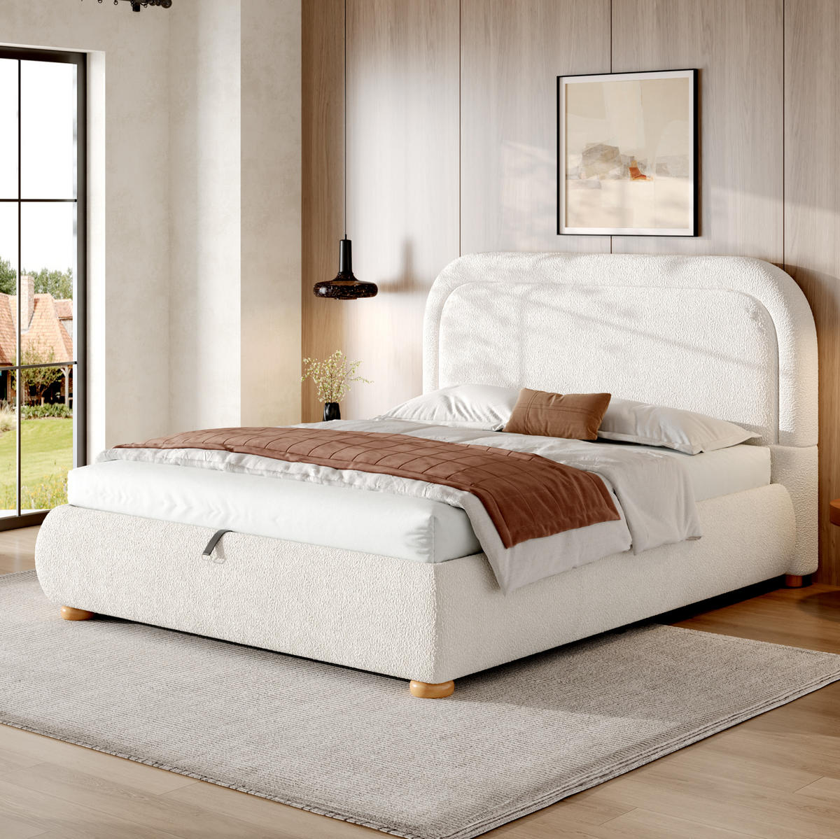 TAPECIRANI krevet od bouclé tkanine 160x200 cm bijela s hidrauličnim spremištem i podnicom - bijela, tekstil (160/200cm) - Modfu