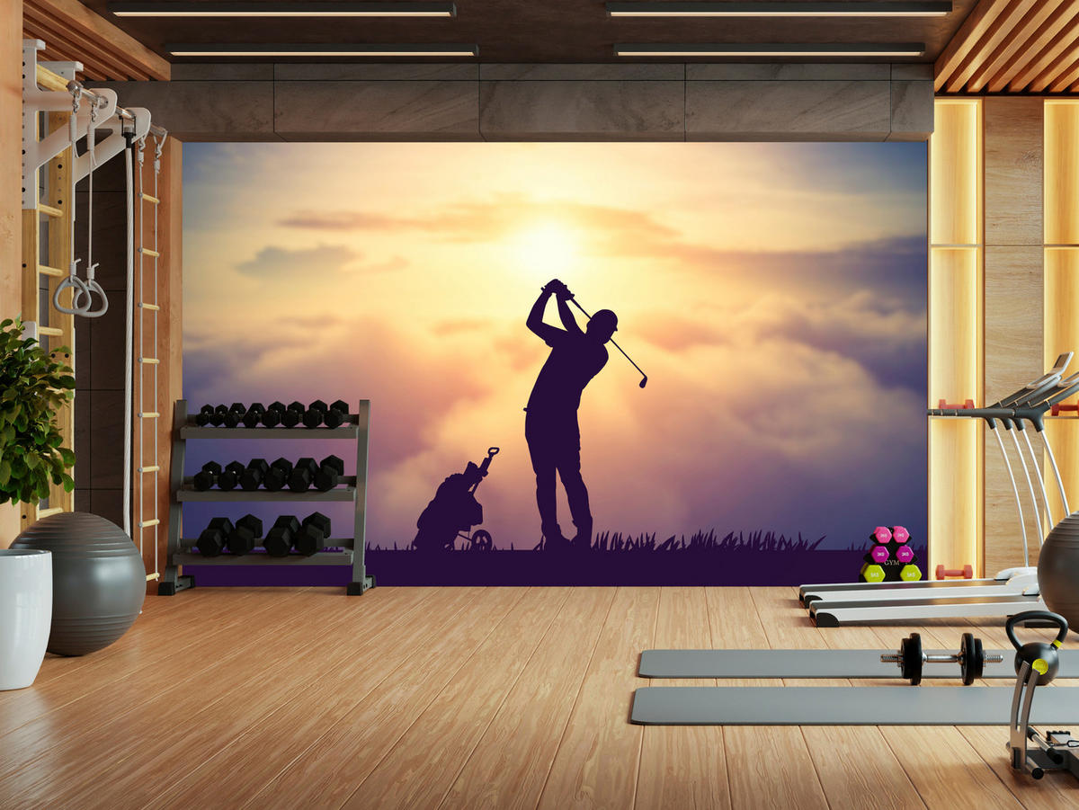 FOTOTAPETE für Jugendzimmer Golfer Sonnenuntergang Silhouette Sport 200x140 - Gelb/Violett, Papier (200/140cm) - Muralo