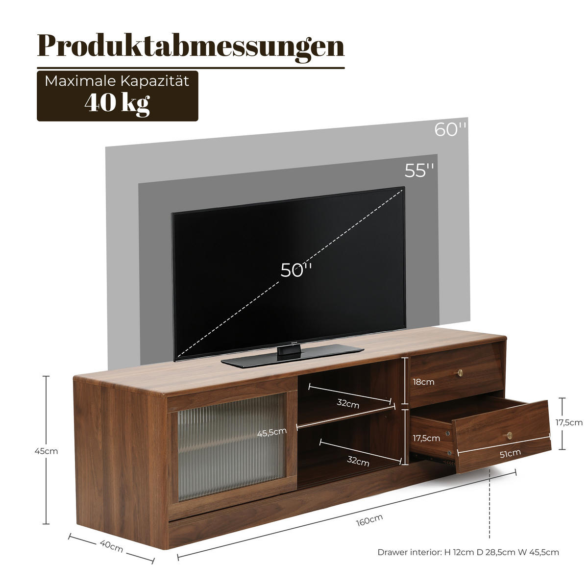 TV-SCHRANK, B160 x T40 x H45 cm - Braun, Holz (160/45/40cm) - Hometopia