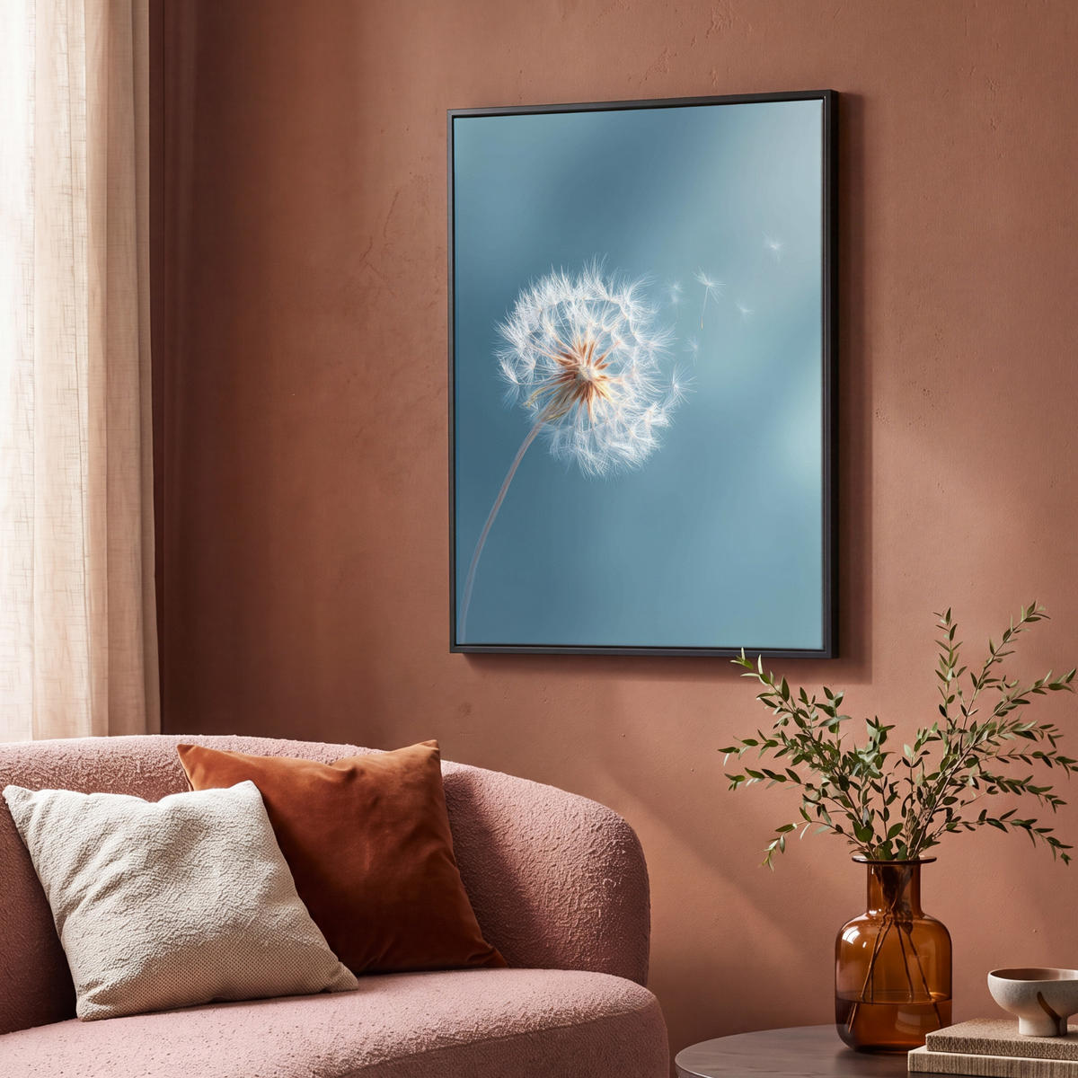 LEINWAND Bilder mit Rahmen - Löwenzahn - Wind - Blau - 70x100 - Blaugrau, Textil (70/100cm) - MuchoWow