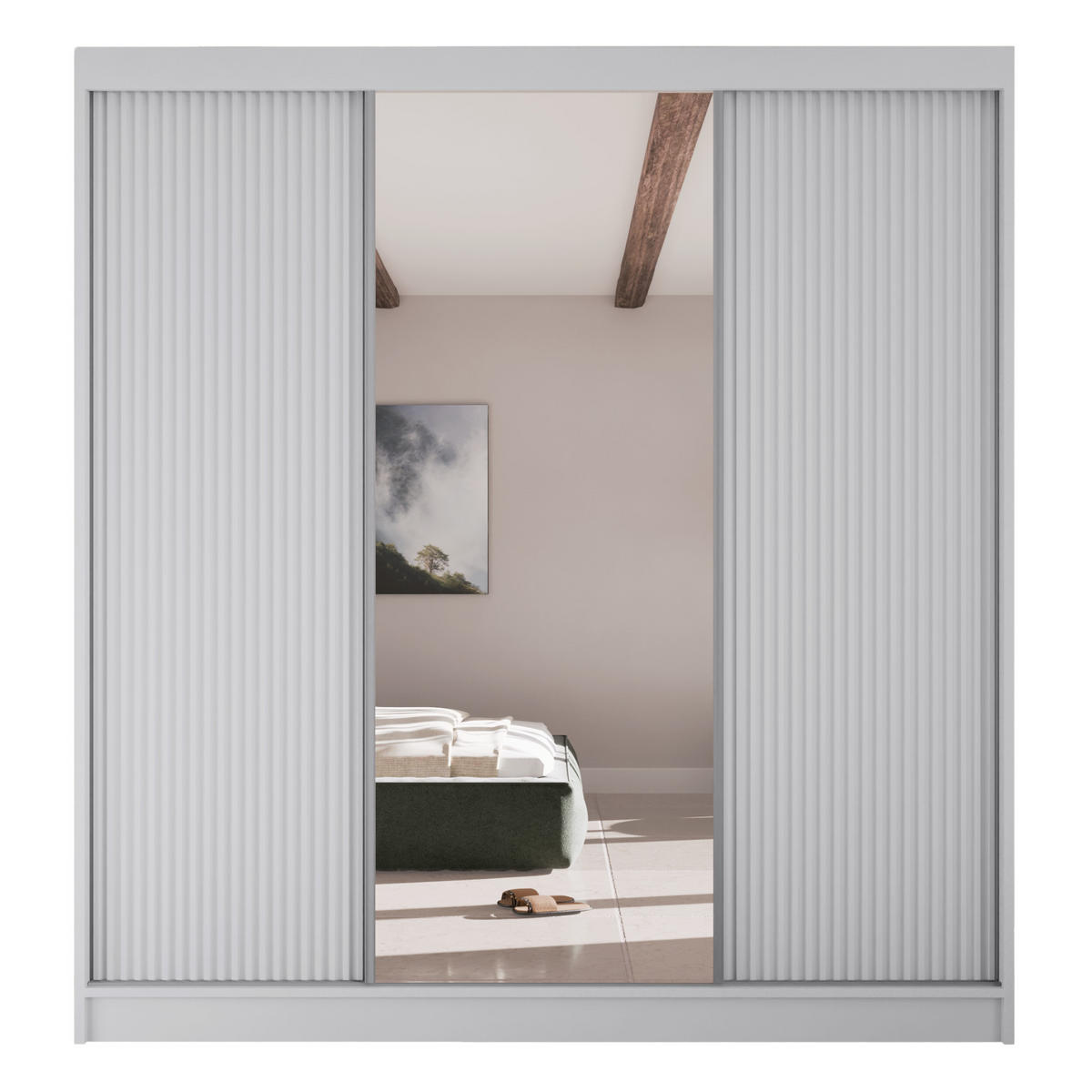 SCHWEBETÜRENSCHRANK Rafi mit Spiegel und mit geriffelten Fronten, 200 cm, Weiß - Weiß, Holzwerkstoff (200/215/61cm) - AN-Moebel 4u