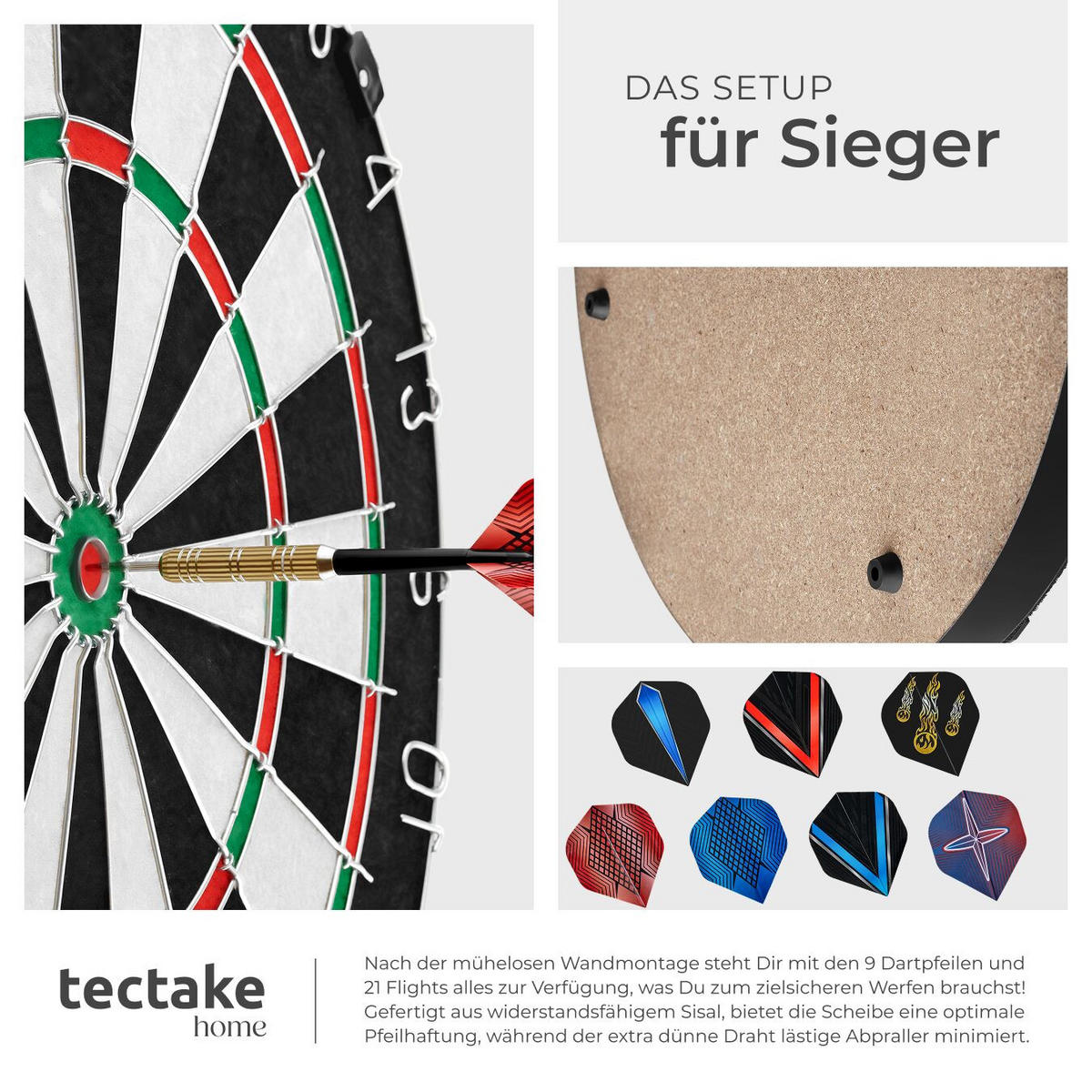 DARTSCHEIBE Bully,Zubehör aus Anspitzer, 16 Flight-Schützern und Startlinie,schwarz/weiß - Schwarz/Weiß, Naturmaterialen (45/45cm) - tectake