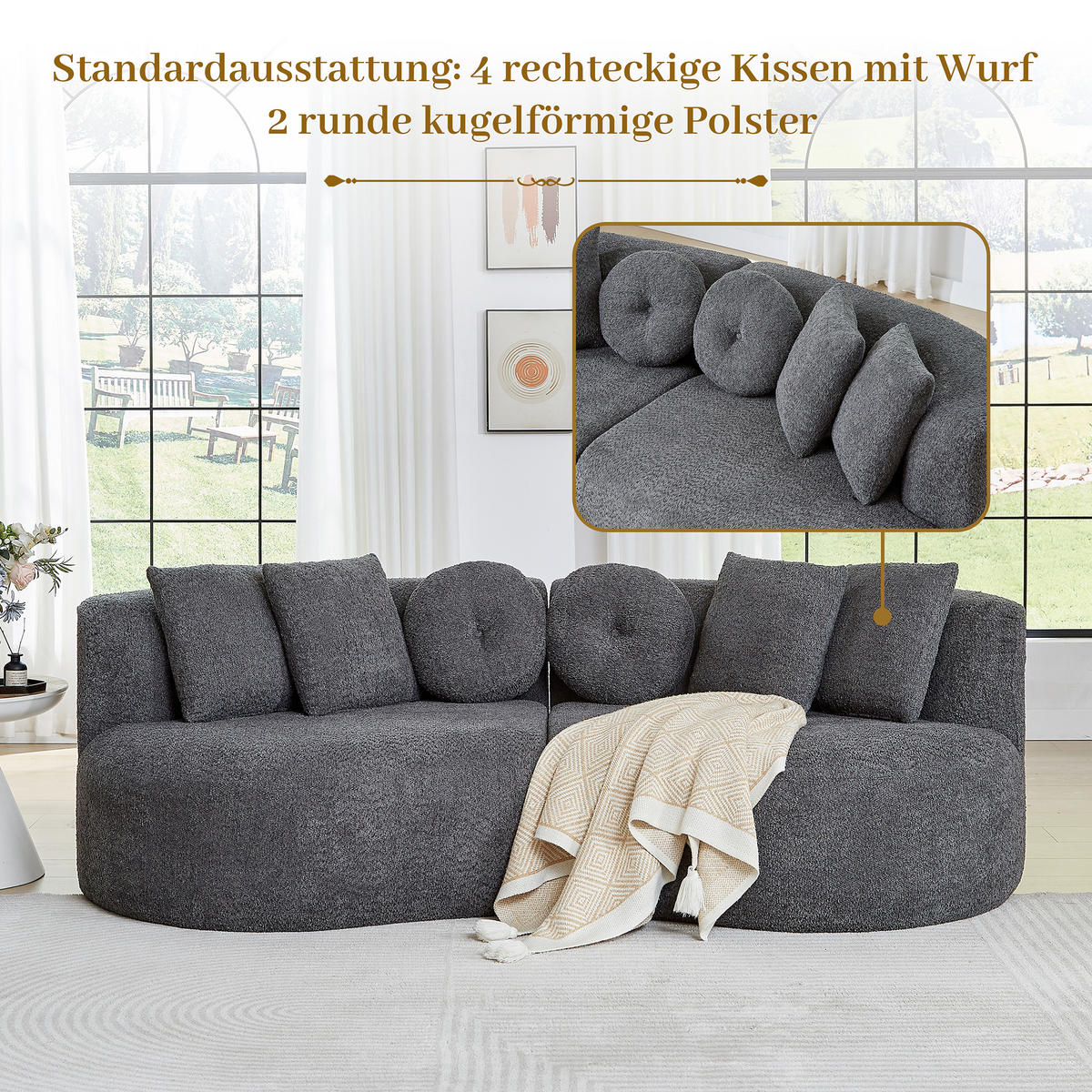 3-SITZER SOFA Geschwungenes Modulares Chenille Cashew - Grau, Textil (223/79/109cm) - Urban Meuble