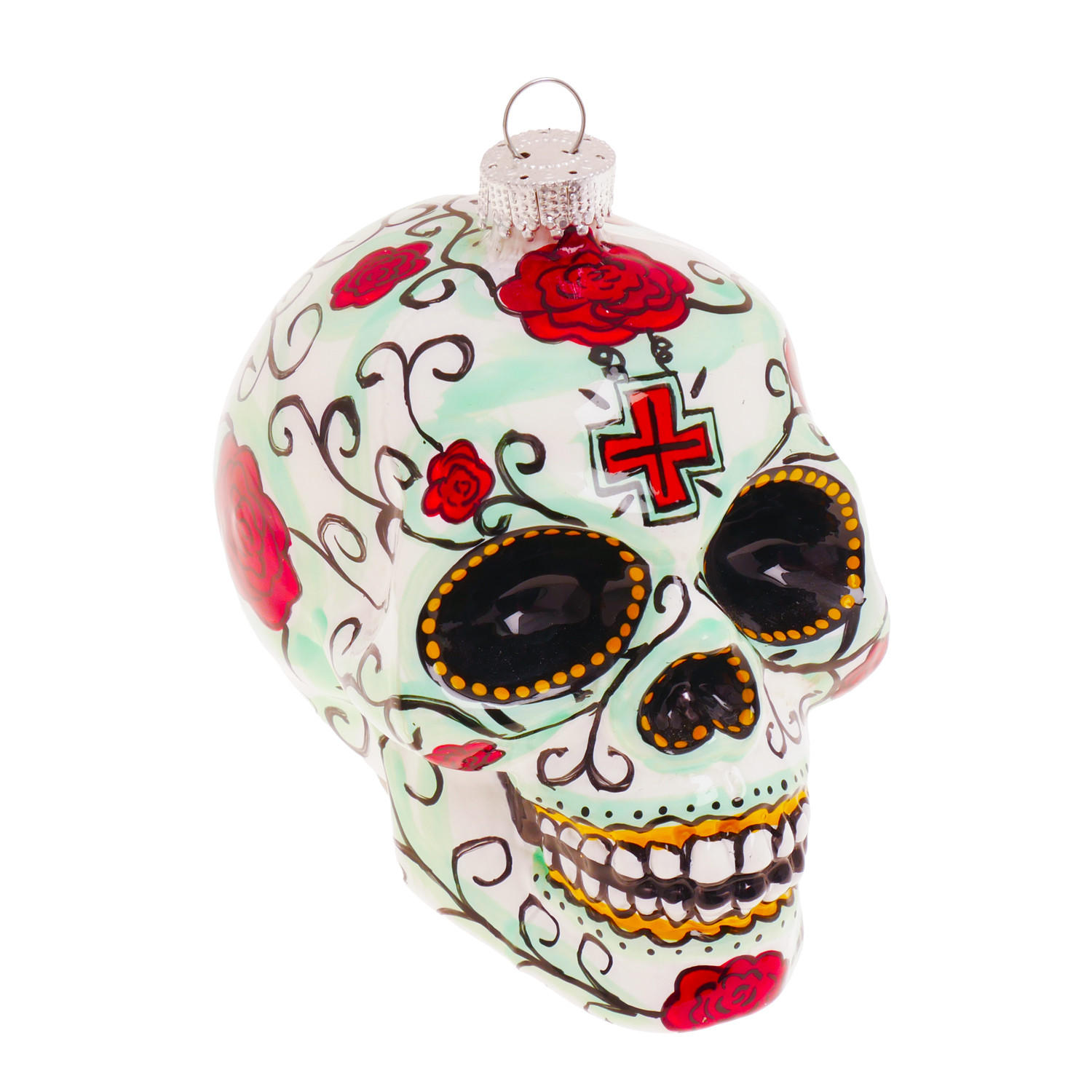 CHRISTBAUMSCHMUCK Totenkopfform Rosen Weiß 9cm (Glas / 1 Stk.) - Weiß, Glas (7/9/8cm) - Krebs Glas Lauscha
