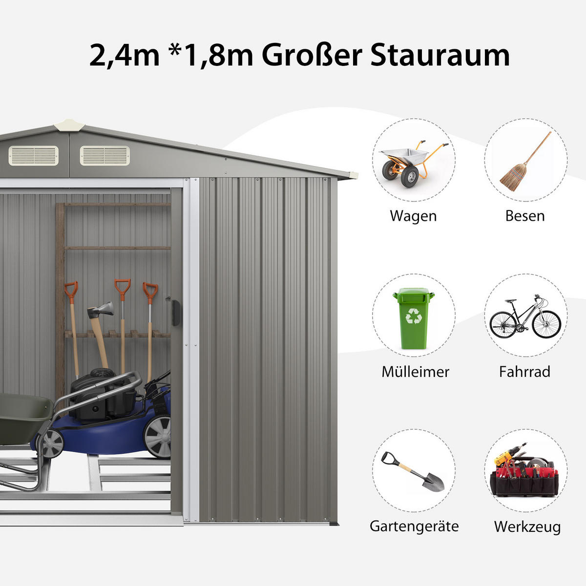 GERATEHAUS mit Fundament Hellgrau - Hellgrau, Metall (207/180/260cm) - COSTWAY
