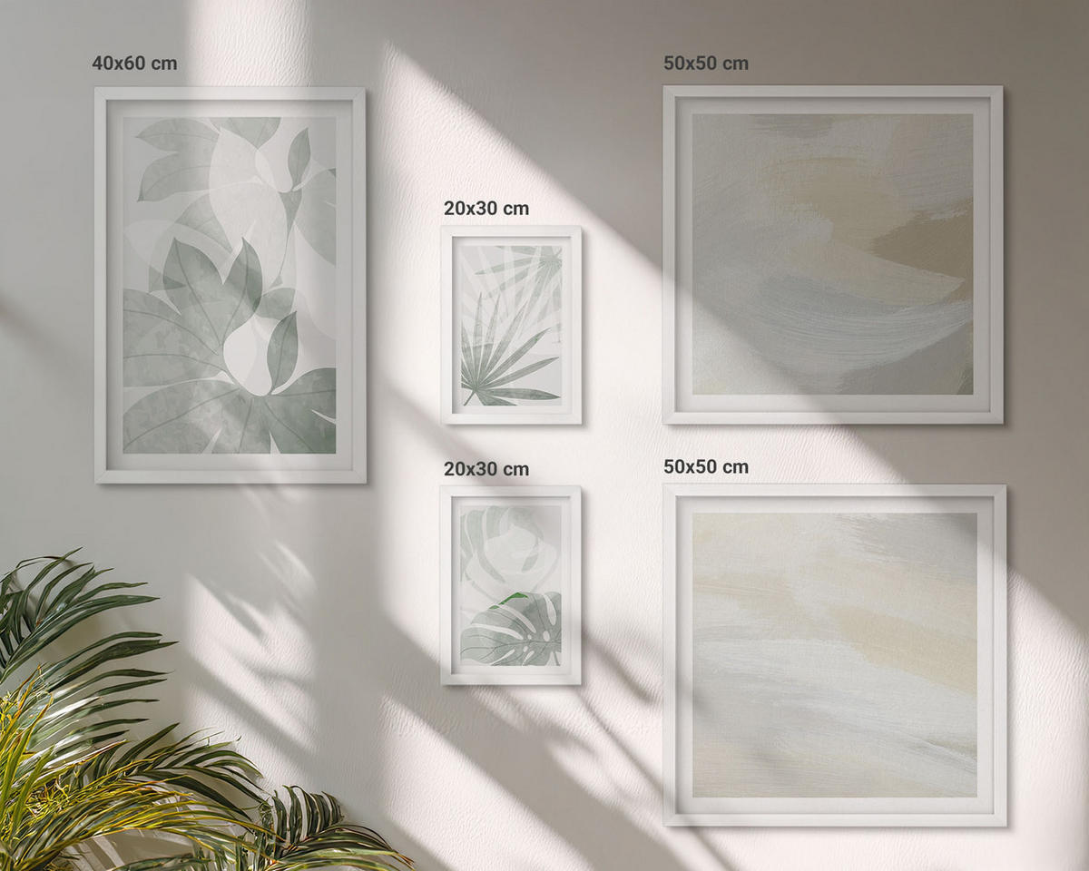 BILDER SET 5er Set - 50x50 cm & 20x30 cm & 40x60 cm Weißer Rahmen - Die Blätter der Pflanzen sind grünlich-grau. - Weiß, Kunststoff (40/60cm) - TULUP