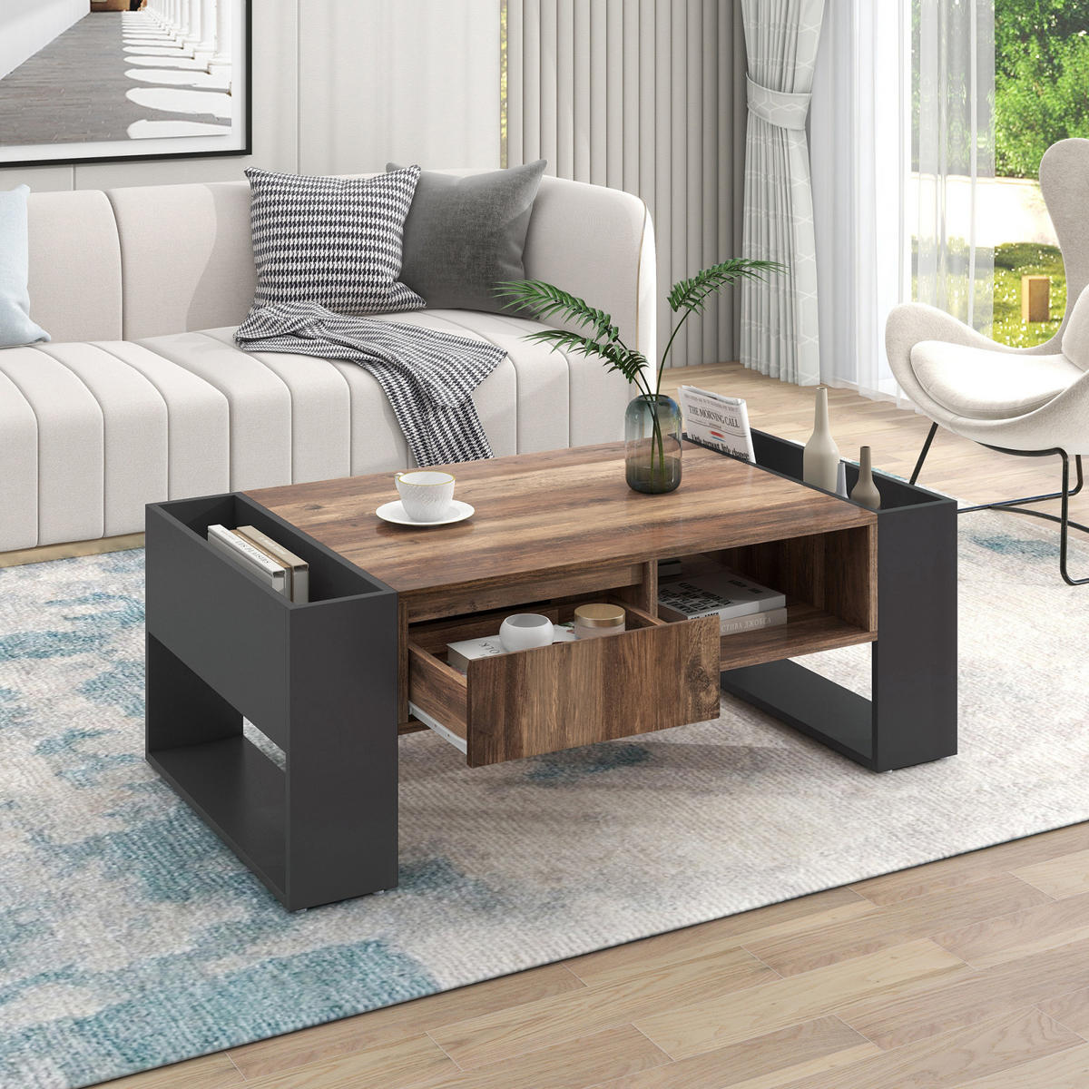 COUCHTISCH Holz Schwarzgrau mit doppelseitigen Ablagefächern - Cognac, Metall (106/57/40cm)
