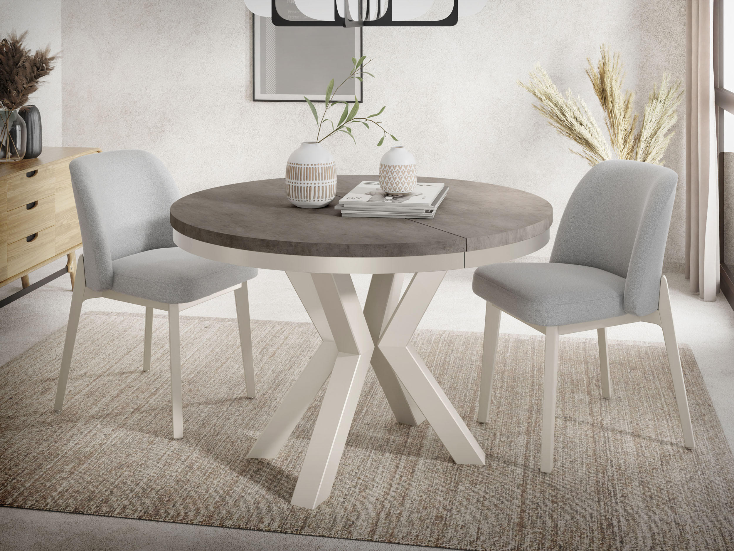 ESSTISCH Clara Beige Cashmere runder ausziehbarer, Dunkelgrauer Chicago Beton 100-180/100/76 cm - Kaschmir/Dunkelgrau, Holzwerkstoff/Metall (100/100/76cm) - WFL GROUP