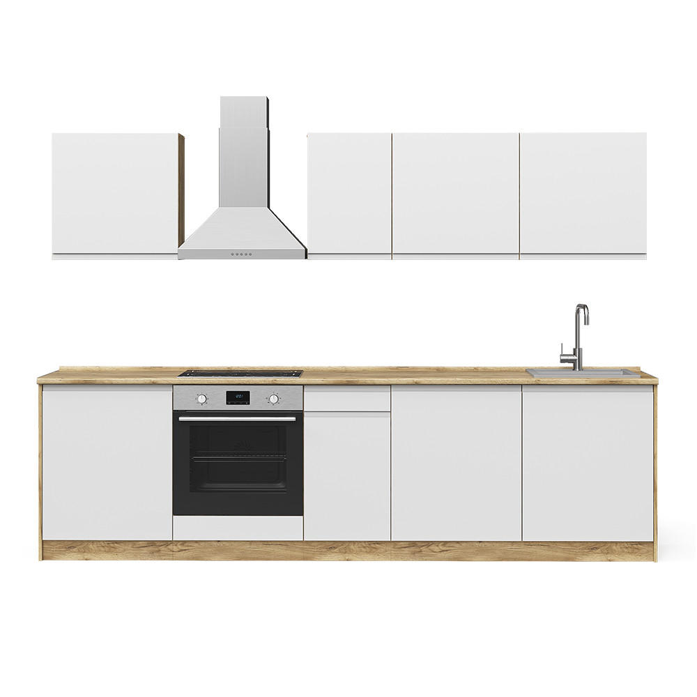 KÜCHENZEILE R-Line, Weiß/Goldkraft Eiche, 280 cm Arbeitsplatte Platin - Eichefarben/Weiß, Holzwerkstoff (280/206.8/60cm) - Vicco