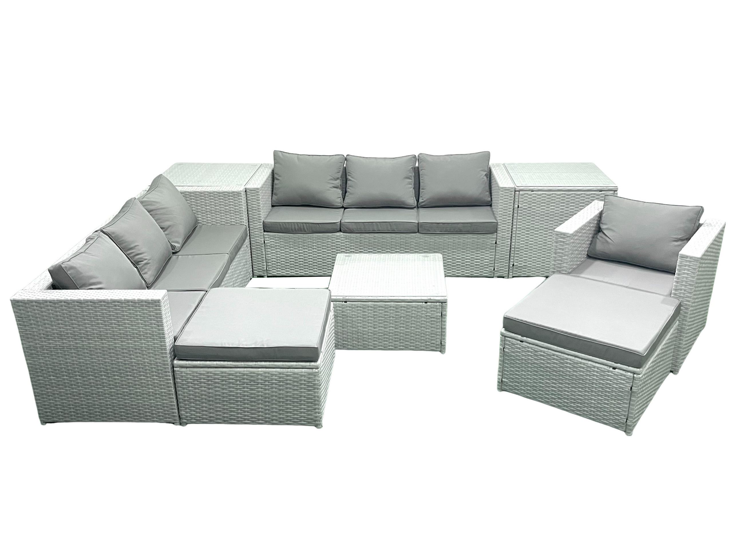 GARTENMÖBEL-SET mit Kissen Polyrattan Hellgrau-Mix 9-Sitzer - Hellgrau/Grau, Glas/Kunststoff - Fimous
