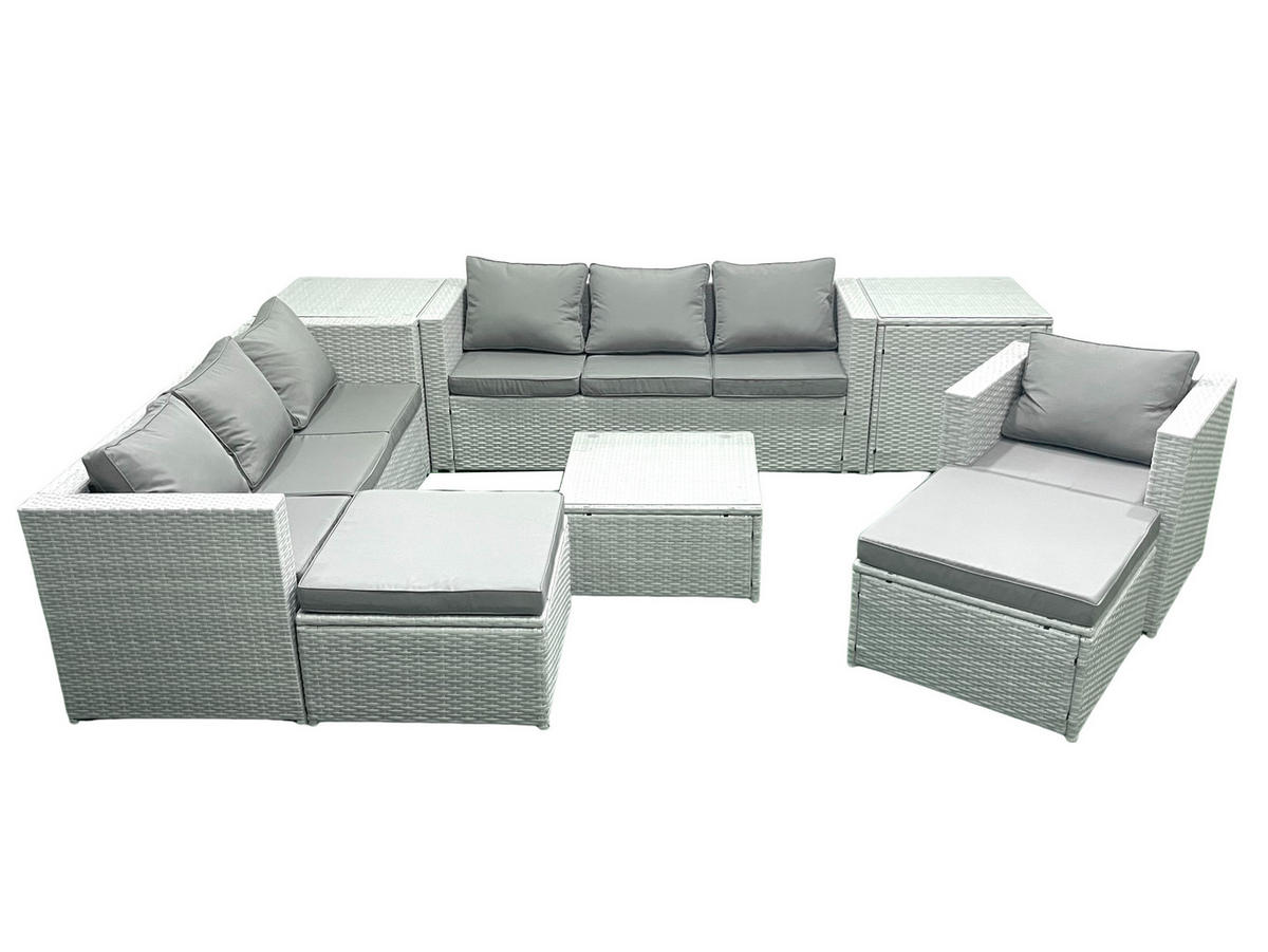 GARTENMÖBEL-SET mit Kissen Polyrattan Hellgrau-Mix 9-Sitzer - Hellgrau/Grau, Glas/Kunststoff - Fimous