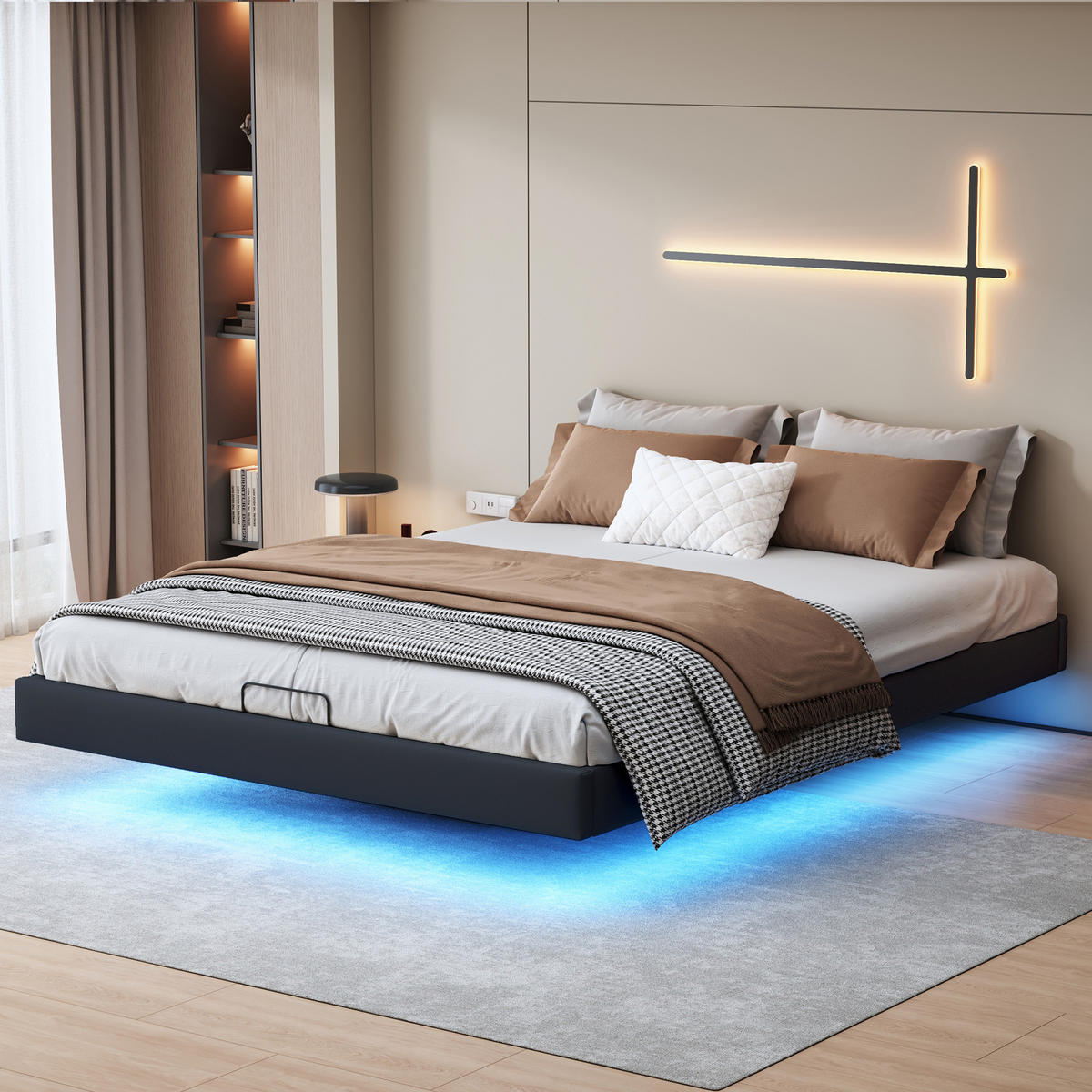SCHWEBENDBETT 160x200 LED Metallrahmen Stauraum - Schwarz, Holzwerkstoff (160/200cm) - SHOPENTRA