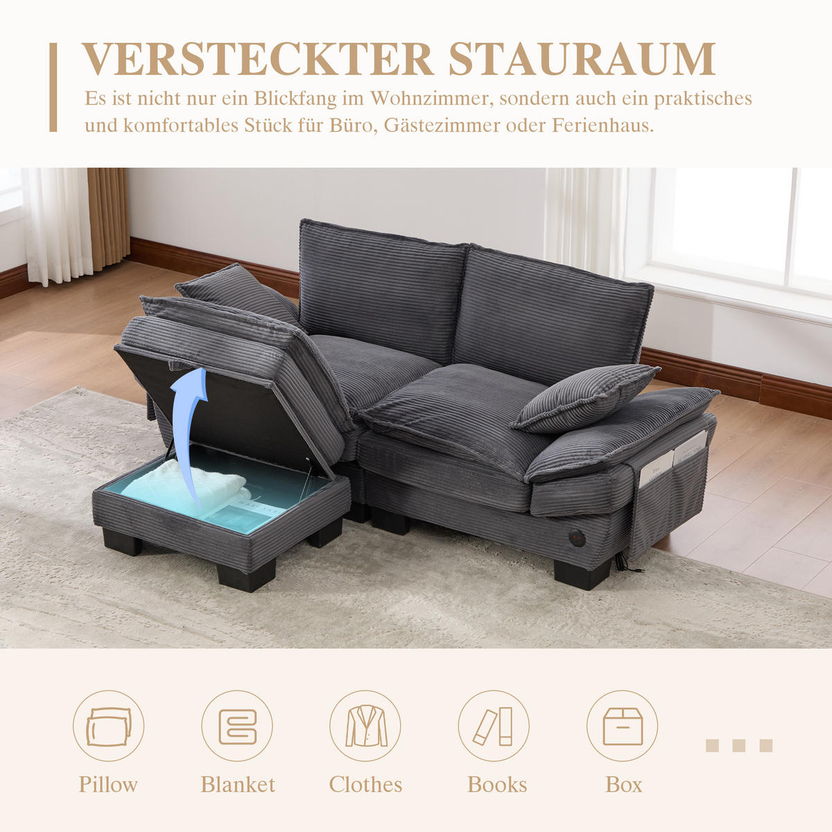 2-SITZER SOFA Cord Dunkelgrau mit Hocker, USB-C und Seitentaschen - Dunkelgrau, Holzwerkstoff/Kunststoff (190/132cm) - WISHDOR