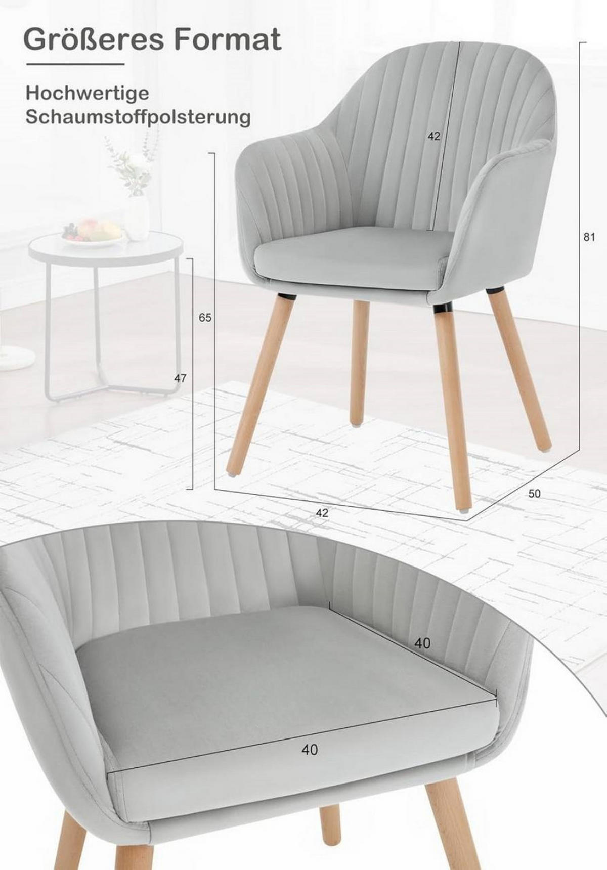 ESSZIMMERSTUHL 2er-Set, Samt, Massivholz, Hellgrau - Hellgrau/Naturfarben, Holz/Textil (42/81/50cm) - Woltu