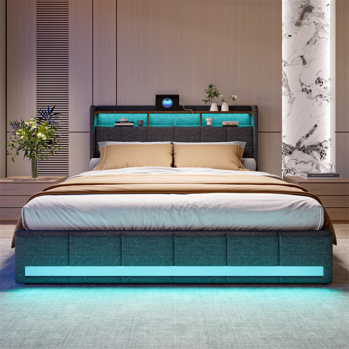 POLSTERBETT 140x200cm - Doppelbett mit 4 Schubladen - RGB-LED-Beleuchtung Ladestation - ohne Matratze - Grau - Grau, Textil (140/200cm) - DELFA