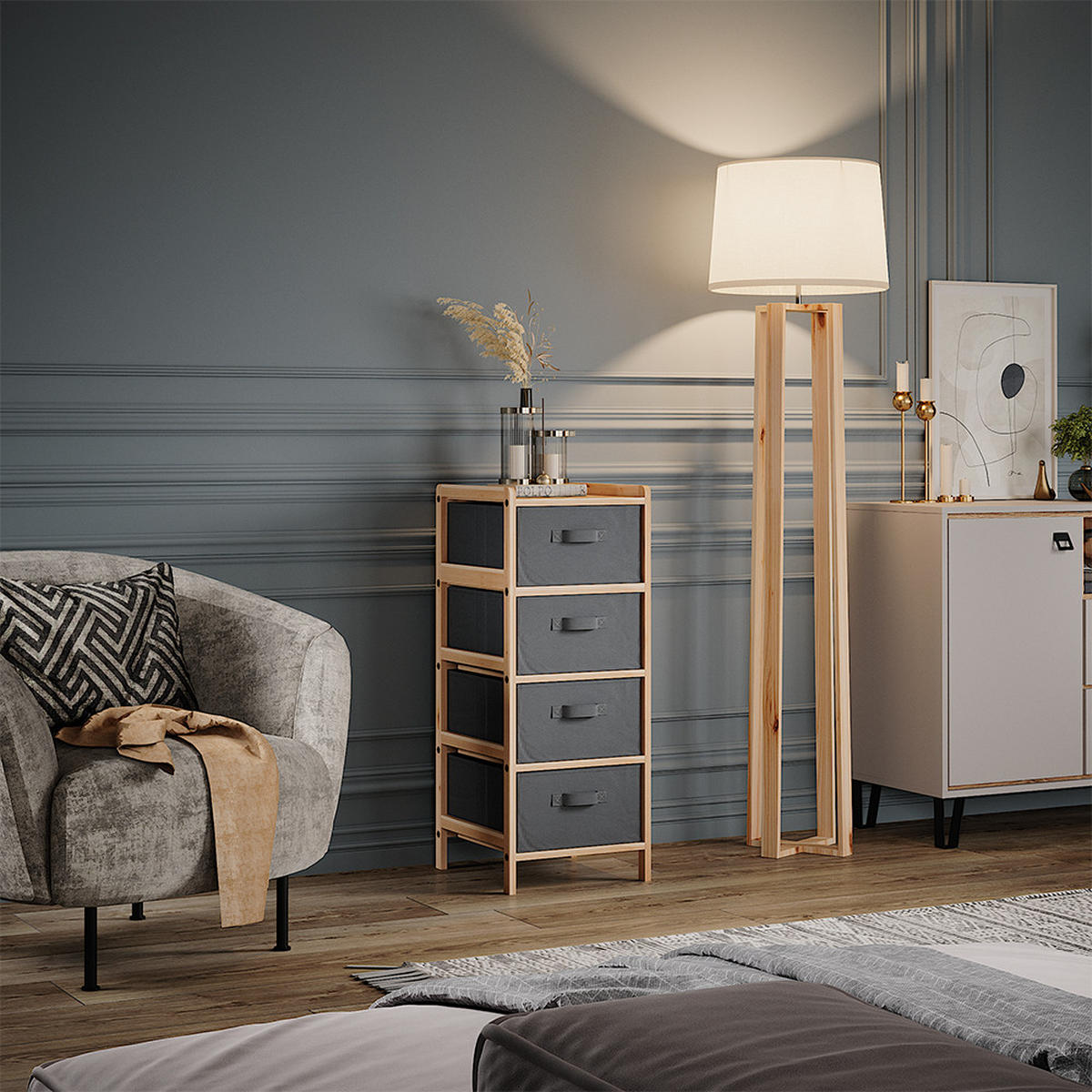 KOMMODE Bruno Grau 34.5 x 86 cm mit 4 Stoffschubladen - Naturfarben/Grau, Holzwerkstoff (34.5/86/36.5cm) - Vicco
