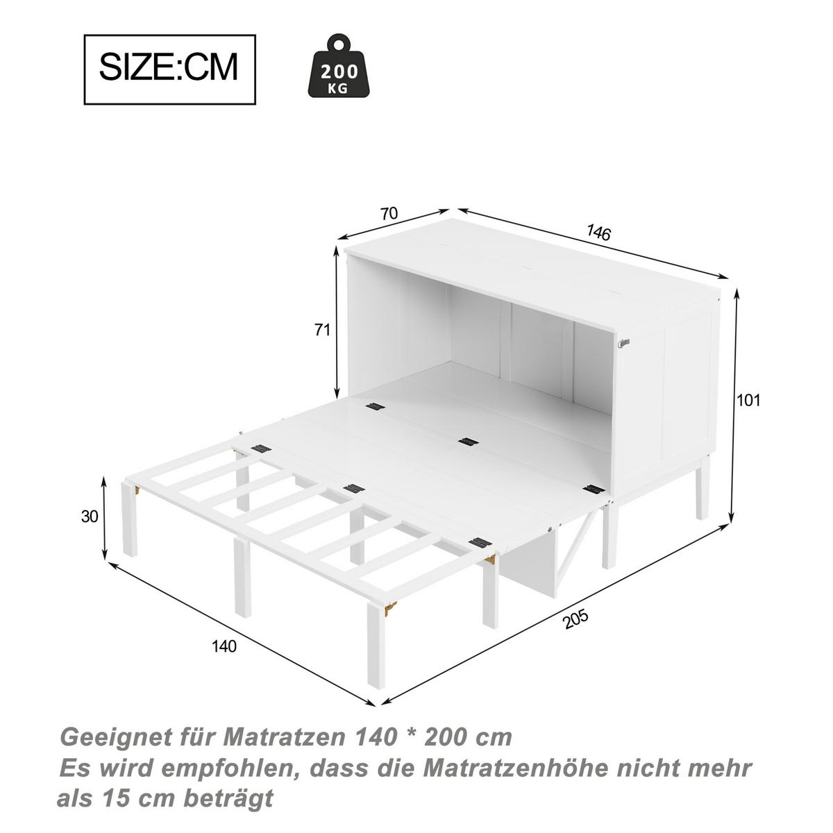 SCHRANKBETT 140/200 cm Weiß mit Lattenrost und platzsparendem Design - Weiß, Holz (140/200cm) - OKWISH