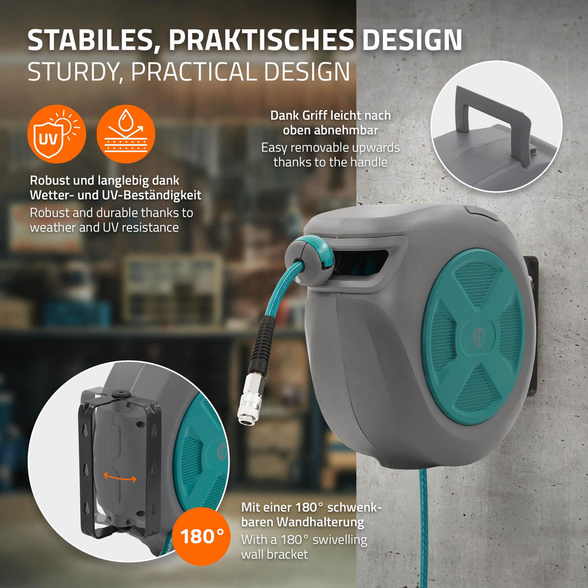 DRUCKLUFTSCHLAUCHTROMMEL 15m+1,5m - Grau, Kunststoff (16.5/32/45cm) - ECD-Germany