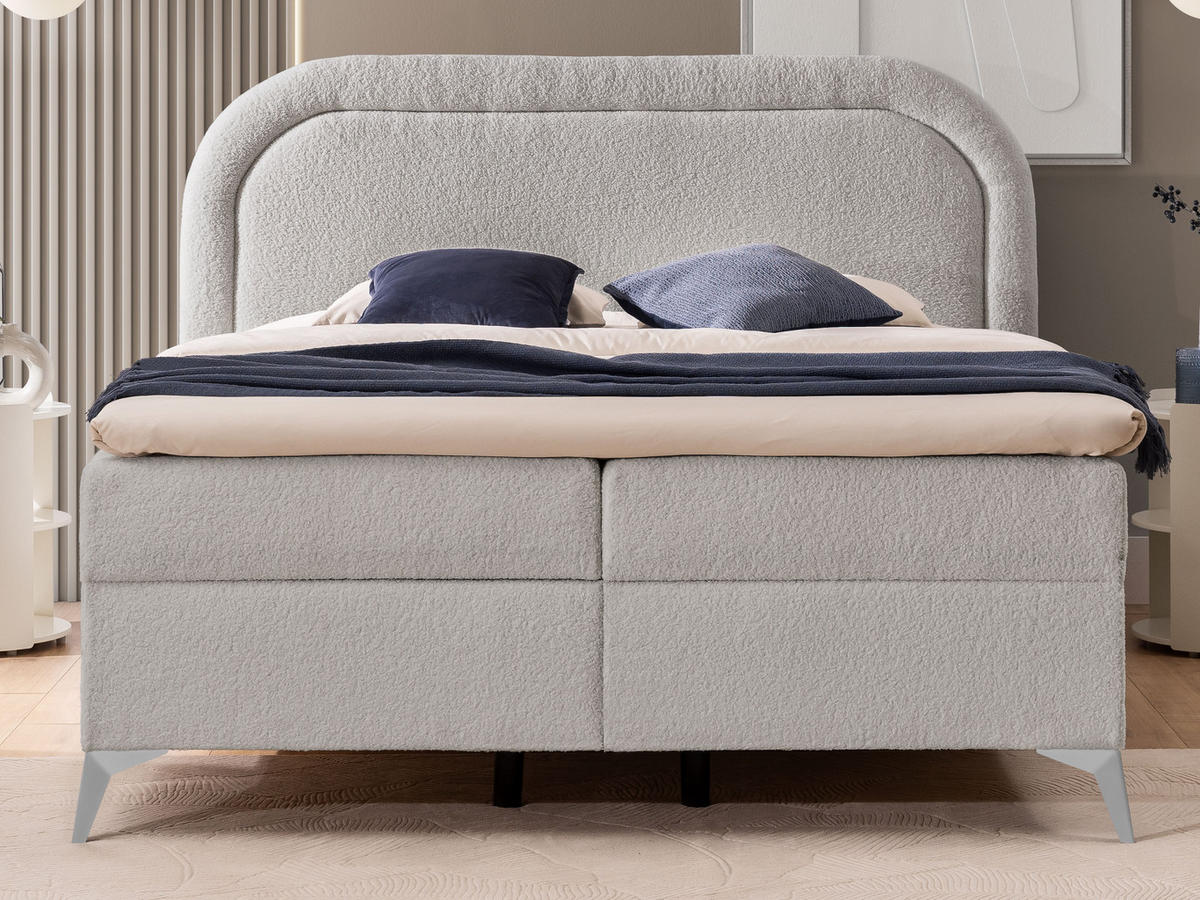 BOXBETT Sonna 140/200 cm Hellgrau Bouclé-Stoff mit abgerundetem Kopfteil und mit silbernen Metallfüßen - Silberfarben/Hellgrau, Holz/Textil (140/200cm) - S-Style Möbel