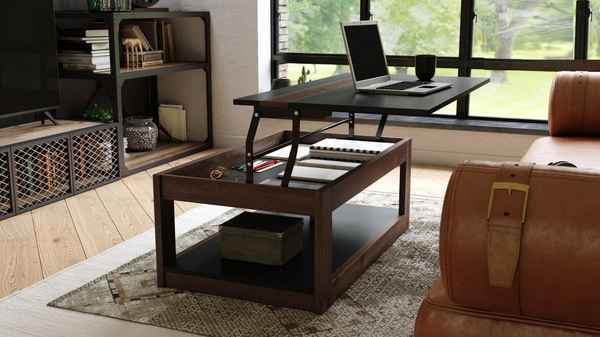 COUCHTISCH rechteckig Schwarz - Eiche dunkel aufklappbar - Schwarz/Braun, Holzwerkstoff (66/112/45cm) - designimpex