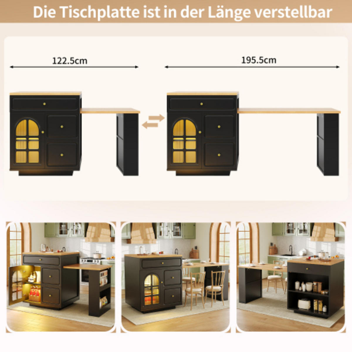 KÜCHENINSEL 122,5-195,5x59x93,5 cm aus MDF mit ausziehbarer Tischplatte, RGB-LED-Leiste, Glastür und goldenen Metallbeschlägen, schwarz - Schwarz, Holzwerkstoff (195.5/93.5/59cm) - Luhomfu