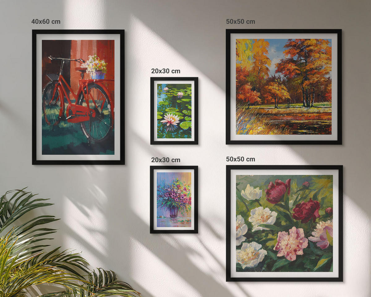 BILDER SET 5er Set - 50x50 cm & 20x30 cm & 40x60 cm Schwarzer Rahmen - Seerosen, Fahrradblumen - Schwarz, Kunststoff (40/60cm) - TULUP