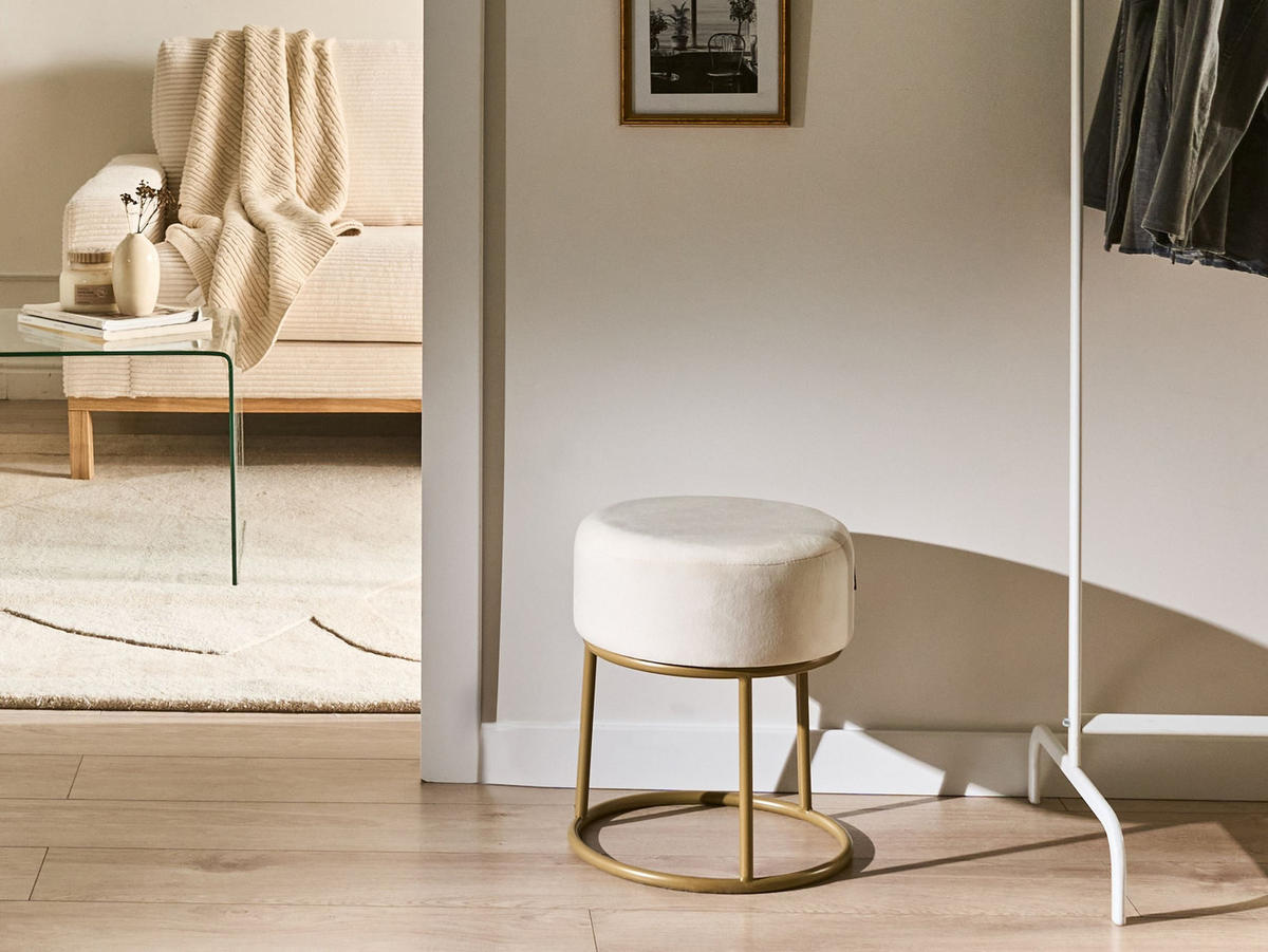 HOCKER Samtstoff Cremeweiß Delco - Weiß, Textil (35/40/35cm) - Beliani