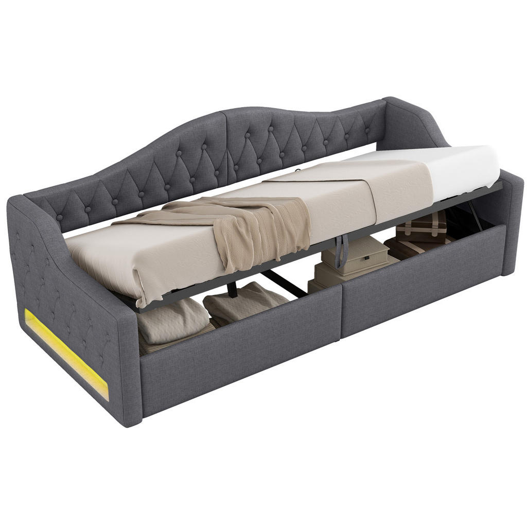 OKWISH JEDNOLŮŽKO 90/200 cm šedé z MDF a překližky s čalouněním LED osvětlením a úložným prostorem