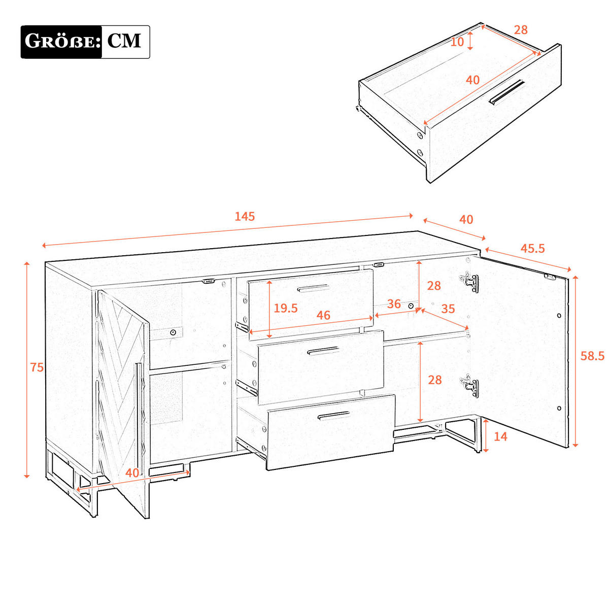SIDEBOARD mit 2 Türen, 3 Schubladen und verstellbaren Einlegeböden im Fischgrät-Design, Weiß - Weiß, Holzwerkstoff (145/75/40cm) - Redom