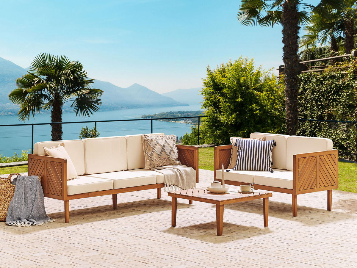 GARTENSOFA 3-Sitzer Akazienholz hellbraun Auflagen creme Baratti - Hellbraun/Weiß, Holz (179/76/65cm) - Beliani