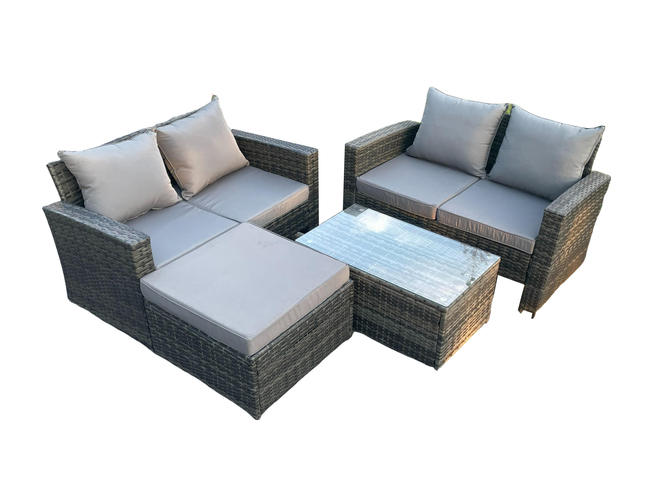 GARTENMÖBEL-SET MIT RECHTECKIGEM COUCHTISCH DOPPELSITZ-SOFA HOCKER Polyrattan Dunkelgrau Gemischt 5-Sitzer - Dunkelgrau, Metall - Fimous