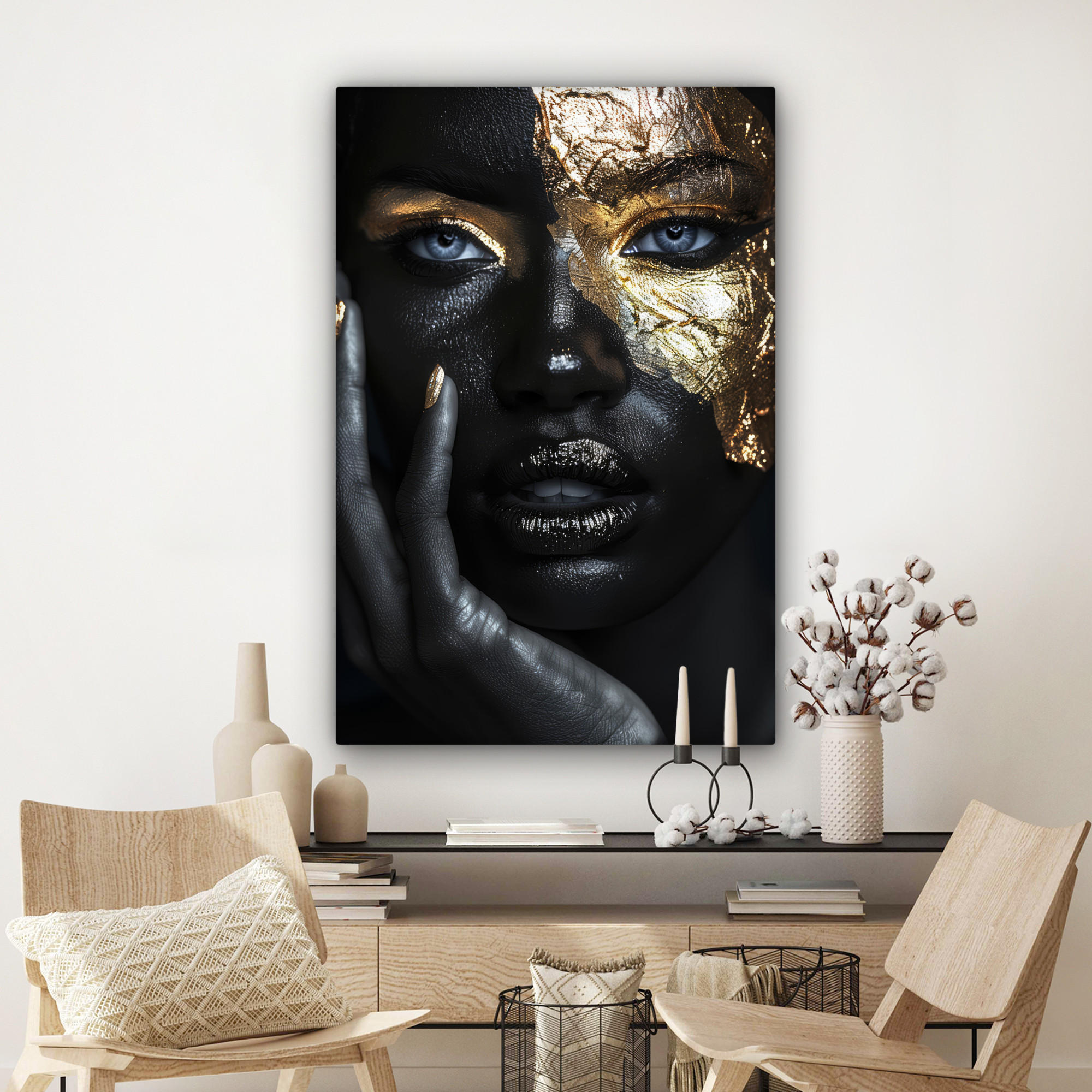 LEINWANDBILD Frau - Gold - Porträt - Schwarz-Weiß - Luxus 90x140 cm - Hellblau, Textil (90/140cm) - MuchoWow