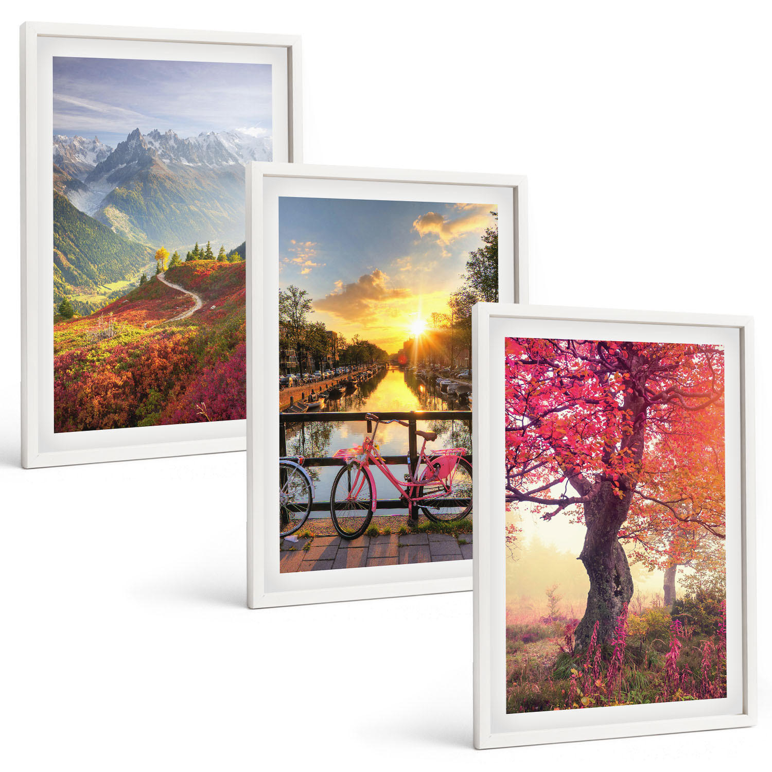 BILDER SET 3er Set - 40x60 cm Weißer Rahmen - Berglandschaften mit dem Fahrrad - Weiß, Kunststoff (40/60cm) - TULUP